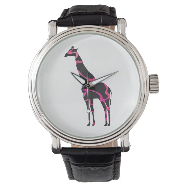 Giraffe Hot Pink und Black Silhouette Armbanduhr (Vorderseite)