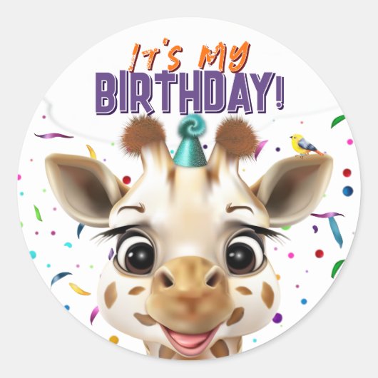Giraffe Ich habe Geburtstag Runder Aufkleber (Vorderseite)