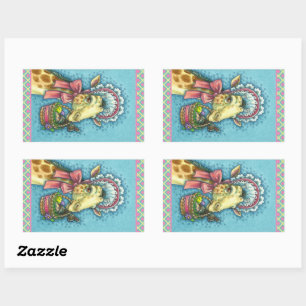 GIRAFFE IM NIEDLICHEN FRÜHJAHRESBONNET, EGG BASKET RECHTECKIGER AUFKLEBER