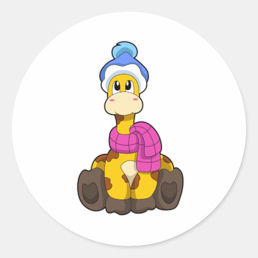 Giraffe im Winter mit Scarf & Hat Runder Aufkleber (Vorderseite)