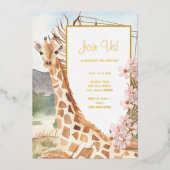 Giraffe in African Savannah Birthday Party Gold Folieneinladung (Vorderseite)
