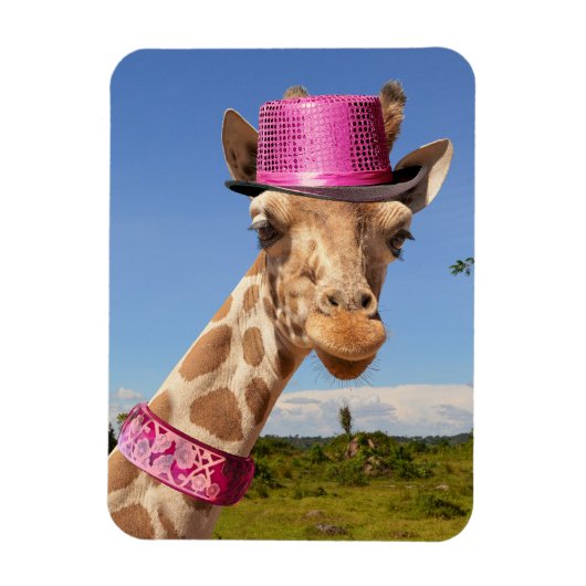 Giraffe in einem funkelnd rosa Hut Magnet (Vertikal)