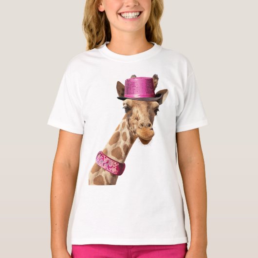 Giraffe in einem funkelnd rosa Hut T-Shirt (Vorderseite)