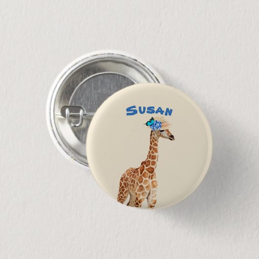 Giraffe in einem Hut mit blauer Schmetterlingstast Button (Vorne & Hinten)