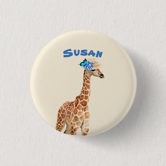 Giraffe in einem Hut mit blauer Schmetterlingstast Button (Vorderseite)