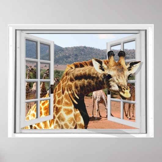 Giraffe in Fake Window View Trompe l'oeil Effect Poster (Vorne)