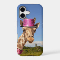 Giraffe in funkelnd-rosa Hut