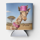 Giraffe in funkelnd-rosa Hut Dosenkühler (Vorderseite)