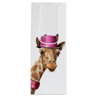 Giraffe in funkelnd-rosa Hut Geschenktüte Für Weinflaschen