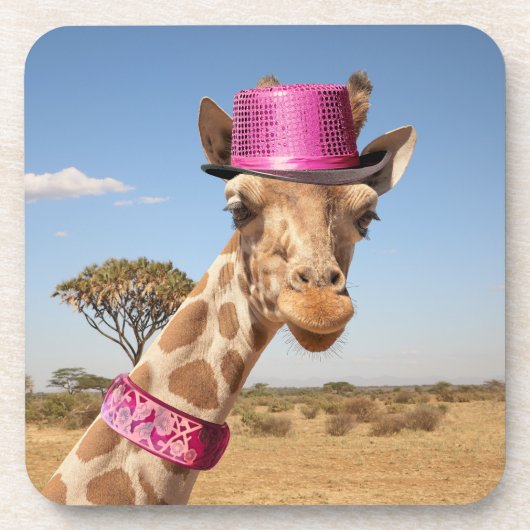 Giraffe in funkelnd-rosa Hut Getränkeuntersetzer (Vorderseite)