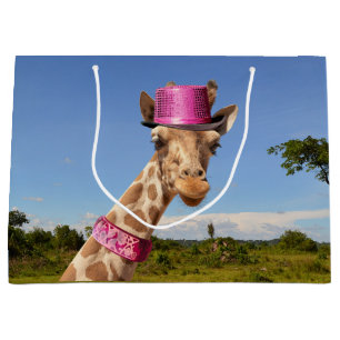 Giraffe in funkelnd-rosa Hut Große Geschenktüte