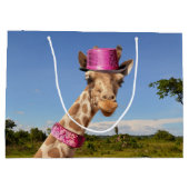 Giraffe in funkelnd-rosa Hut Große Geschenktüte (Rückseite)