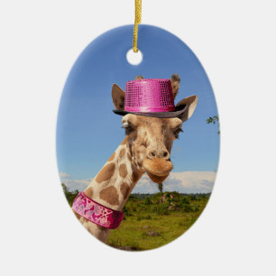 Giraffe in funkelnd-rosa Hut Keramik Ornament