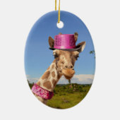 Giraffe in funkelnd-rosa Hut Keramik Ornament (Hinten)