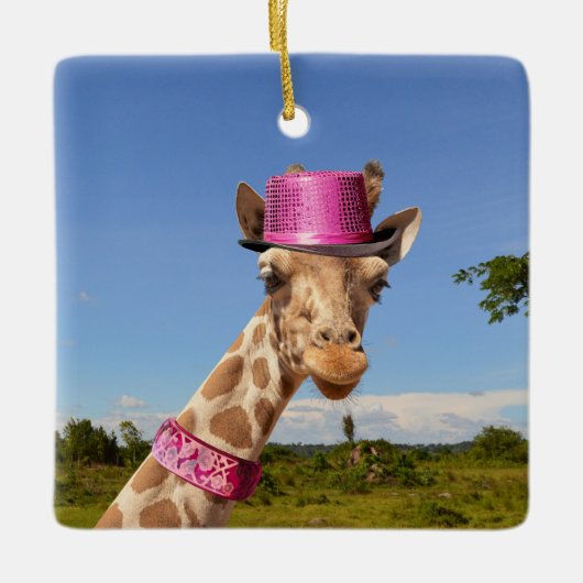 Giraffe in funkelnd-rosa Hut Keramikornament (Vorderseite)