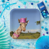 Giraffe in funkelnd-rosa Hut Pappteller (Party)