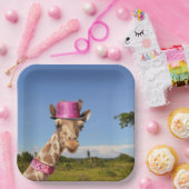 Giraffe in funkelnd-rosa Hut Pappteller (Party)