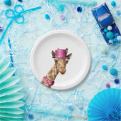 Giraffe in funkelnd-rosa Hut Pappteller (Party)