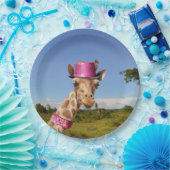 Giraffe in funkelnd-rosa Hut Pappteller (Party)