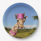 Giraffe in funkelnd-rosa Hut Pappteller (Vorderseite)