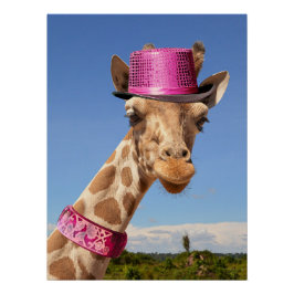 Giraffe in funkelnd-rosa Hut Poster