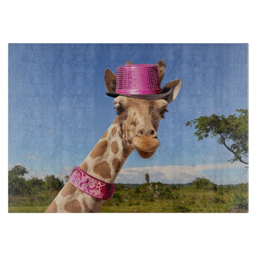 Giraffe in funkelnd-rosa Hut Schneidebrett (Vorderseite)