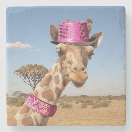 Giraffe in funkelnd-rosa Hut Steinuntersetzer (Vorderseite)
