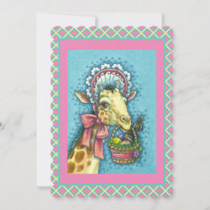 GIRAFFE IN HÜBSCHEM OSTERHUT, EIERKORB FLACH FEIERTAGSKARTE