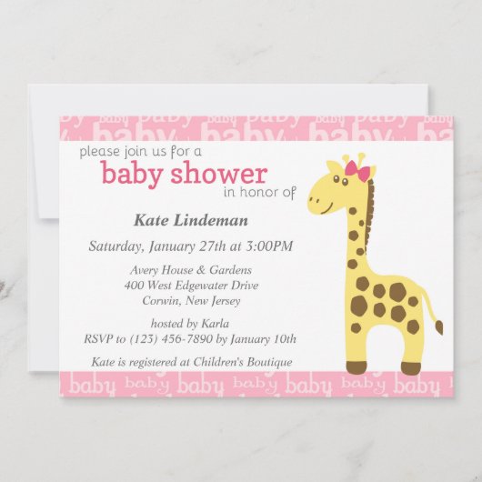 Giraffe in Pink Bow Babydusche für Mädchen Einladung (Vorderseite)