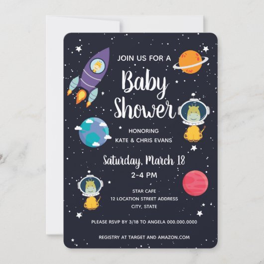 Giraffe in Space Baby Shower Space Navy Galaxie Einladung (Vorderseite)