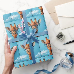 Giraffe in Wolken mit Brille Geschenkpapier