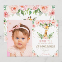 Giraffe Jungle Blush Floral 1. Geburtstag Foto  Dankeskarte