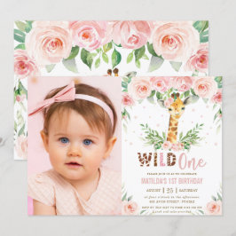 Giraffe Jungle Blush Floral 1. Geburtstag Foto Einladung