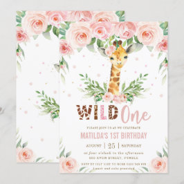 Giraffe Jungle Safari Blush Floral 1. Geburtstag  Einladung