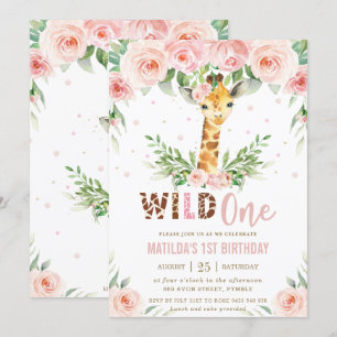 Giraffe Jungle Safari Blush Floral 1. Geburtstag  Einladung
