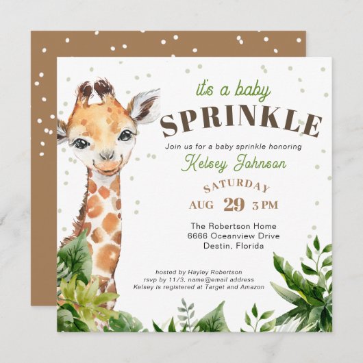 Giraffe Jungle Safari Duwer Baby Sprinkle Einladung (Vorne/Hinten)
