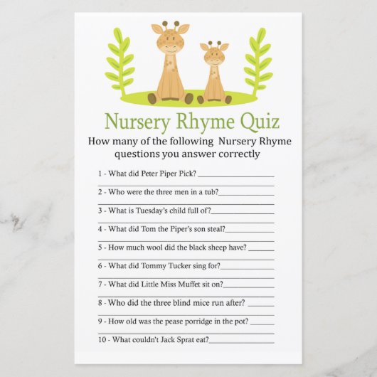 Giraffe Kinderzimmer Rhyme Quiz Babydusche (Vorderseite)