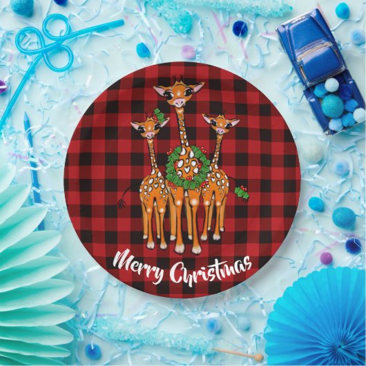 Giraffe, Kranz, Roter Tartan kariert Pappteller (Party)