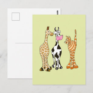 Giraffe, Kuh und Katze, komische Tiere. Postkarte
