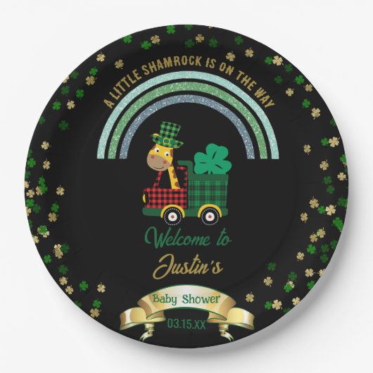 Giraffe Leprechaun Rainbow Baby Dusche Willkommen Pappteller (Vorderseite)