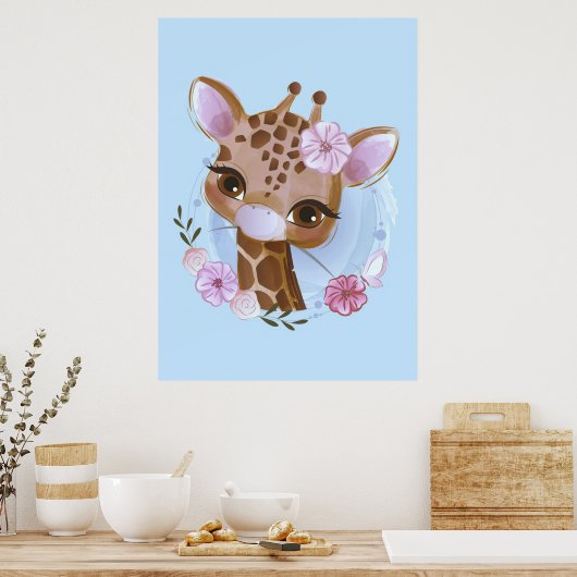 Giraffe Lover Niedliches Baby Giraffe mit Blume Poster (Küche)