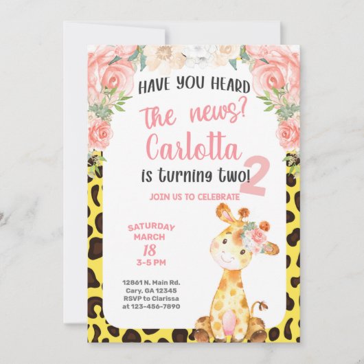Giraffe Mädchen 2., 2. Geburtstagseinladung. Einladung (Vorderseite)