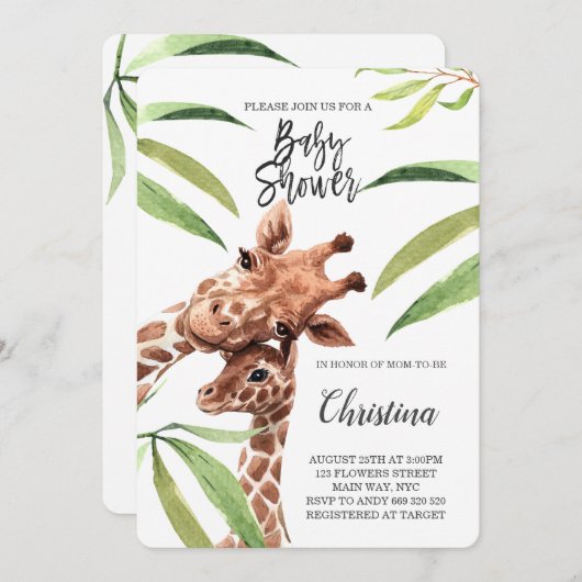 Giraffe Mama & Baby Greenery Eucalyptus Baby Dusch Einladung (Vorne/Hinten)