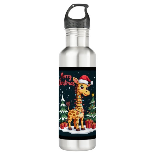 Giraffe Merry Christmas Tree Lighting Santa Giraff Edelstahlflasche (Vorderseite)