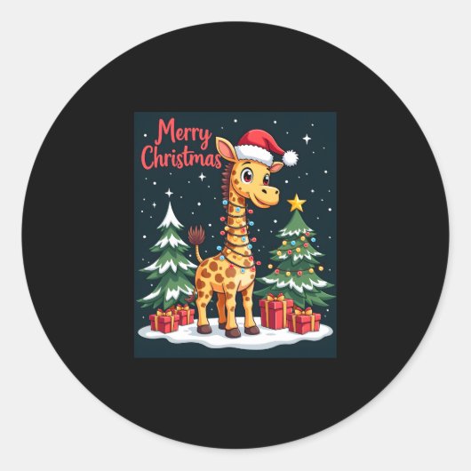 Giraffe Merry Christmas Tree Lighting Santa Giraff Runder Aufkleber (Vorderseite)