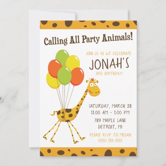 Giraffe mit Balloons Geburtstagsparty Einladung (Vorderseite)