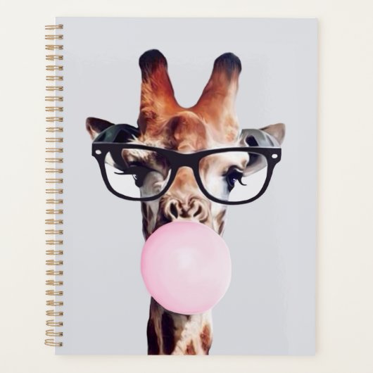 Giraffe mit Brille bläst rosa Kaugummi Planer (Vorderseite)