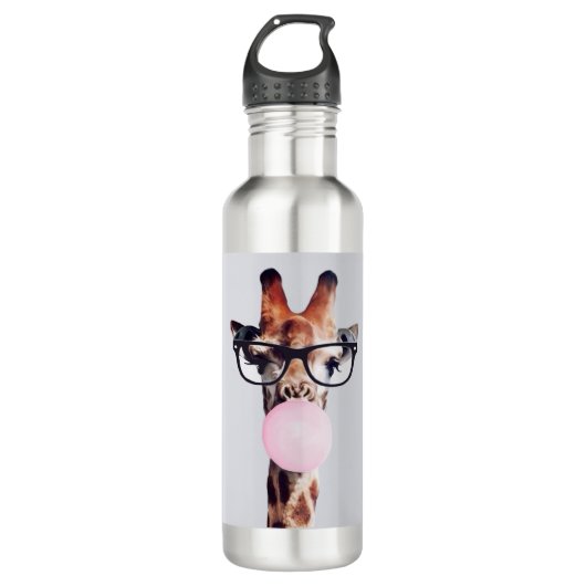Giraffe mit Brille, die rosa Kaugummi blasen Edelstahlflasche (Vorderseite)