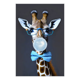 Giraffe mit Brille, Krawatte mit Bugs, blauer Kaug Fotodruck