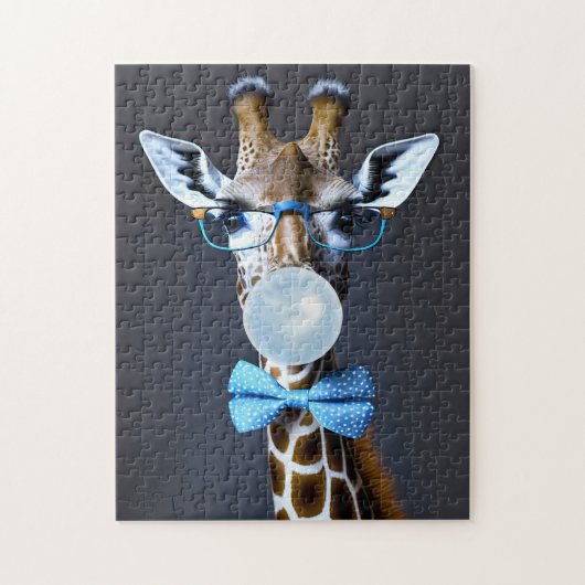 Giraffe mit Brille, Krawatte mit Bugs, blauer Kaug Puzzle (Vertikal)